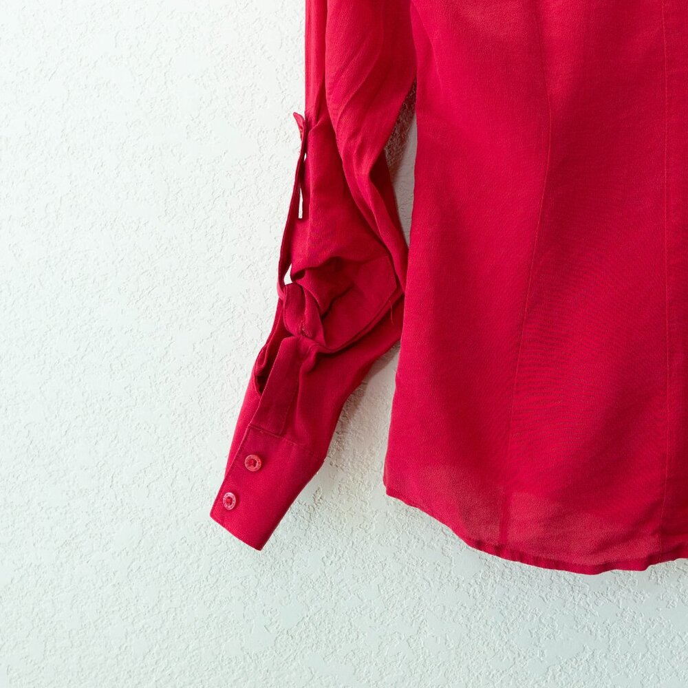 Bebe 100% Silk Red Button Up Blouse Roll Tab Sleeve Luxe Shirt Women XS - Picture 14 of 14